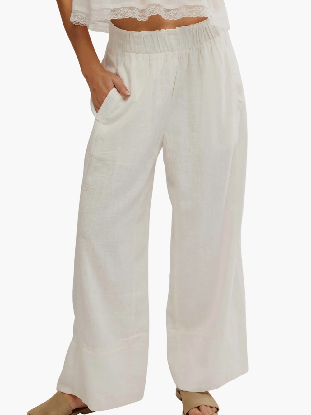 Tahari Women’s Light Beige Casual Linen-Blend Pants 100% Linen